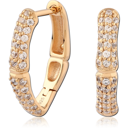 GOLD PLATED 18K STERLING SILVER 925 HUGGIES HOOP TRIPLE ROW PAVE CLEAR GEMS