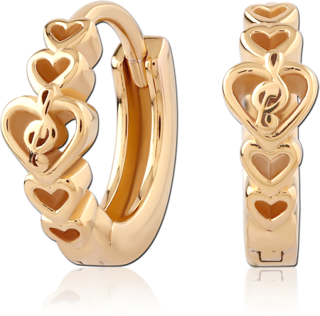 GOLD PLATED 18K STERLING SILVER 925 HUGGIES LINKED HEARTS HOOP WITH TREBLE CLEF