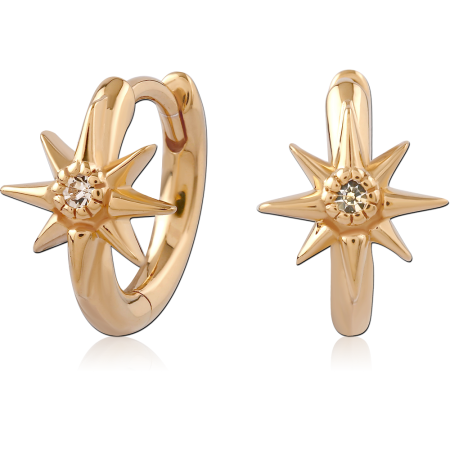 GOLD PLATED 18K STERLING SILVER 925 HUGGIES STARBURST HOOP CLEAR GEM CENTER
