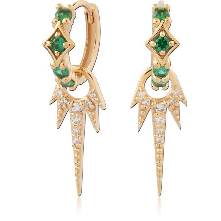 GOLD PLATED 18K STERLING SILVER 925 HUGGIES GREEN GEMS WITH STARBURST SPIKE CHARM