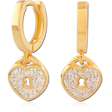 GOLD PLATED 18K STERLING SILVER 925 HUGGIES CLEAR GEMS WITH HEART LOCK CHARM