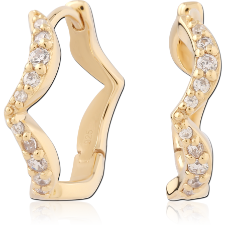 GOLD PLATED 18K STERLING SILVER 925 HUGGIES TWISTED WAVE HOOP WITH CLEAR GEMS