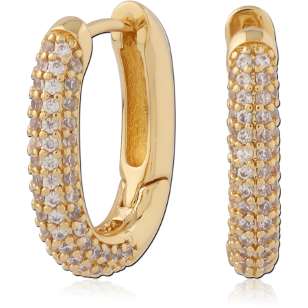 GOLD PLATED 18K STERLING SILVER 925 HUGGIES OVAL HOOP TRIPLE ROW CLEAR GEMS