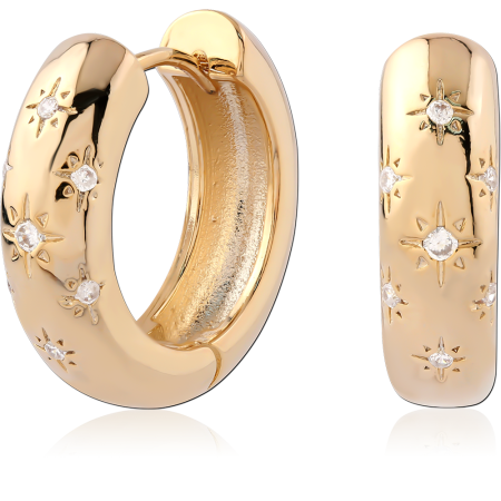 GOLD PLATED 18K STERLING SILVER 925 HUGGIES STARBURST ENGRAVED HOOP WITH CLEAR GEMS