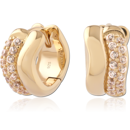 GOLD PLATED 18K STERLING SILVER 925 HUGGIES DOMED HOOP WITH FRONT PAVE CLEAR GEMS