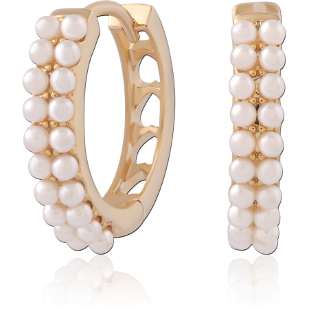 GOLD PLATED 18K STERLING SILVER 925 HUGGIES DOUBLE ROW WHITE PEARL BEAD HOOP