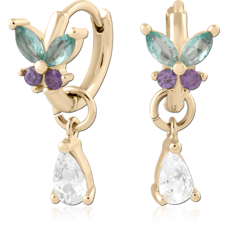 GOLD PLATED 18K STERLING SILVER 925 HUGGIES BUTTERFLY TEAL AND PURPLE GEMS WITH TEARDROP CHARM