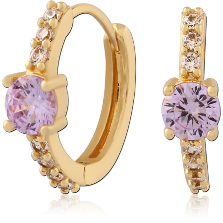GOLD PLATED 18K STERLING SILVER 925 HUGGIES HOOP WITH LAVENDER CENTER GEM AND ACCENTS