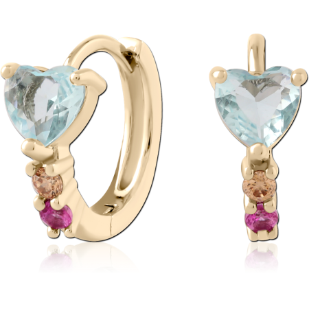 GOLD PLATED 18K STERLING SILVER 925 HUGGIES HEART GEM PINK AND CHAMPAGNE ACCENTS