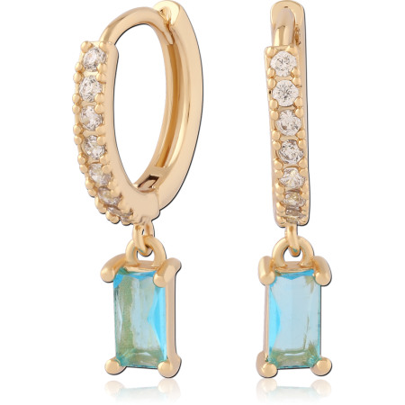 GOLD PLATED 18K STERLING SILVER 925 HUGGIES PAVE GEMS WITH BLUE BAGUETTE CHARM