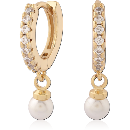 GOLD PLATED 18K STERLING SILVER 925 HUGGIES PAVE GEMS WITH PEARL CHARM