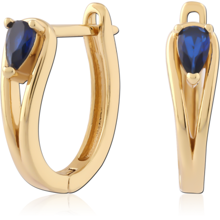 GOLD PLATED 18K STERLING SILVER 925 HUGGIES EARRINGS TEARDROP BLUE GEM