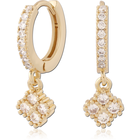 GOLD PLATED 18K STERLING SILVER 925 HUGGIES EARRINGS PAVE GEMS WITH SQUARE CLUSTER CHARM