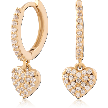 GOLD PLATED 18K STERLING SILVER 925 HUGGIES EARRINGS PAVE GEMS WITH HEART CHARM