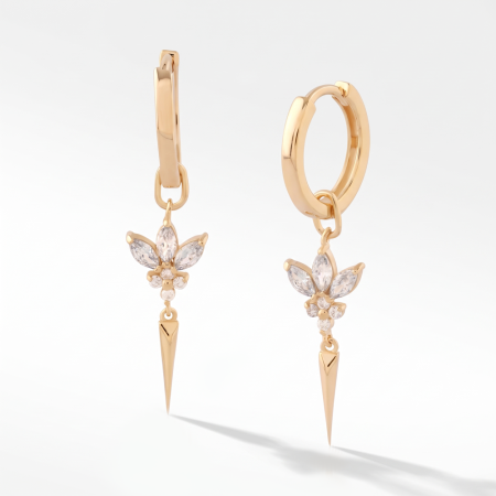 GOLD PLATED 18K STERLING SILVER 925 HUGGIE EARRINGS WITH GEM FLOWER AND SPIKE CHARMS