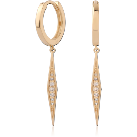GOLD PLATED 18K STERLING SILVER 925 HUGGIE EARRINGS GEM ACCENTS WITH LONG SPIKE CHARM