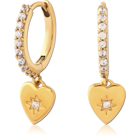 GOLD PVD COATED SURGICAL STEEL HUGGIE EARRINGS CLEAR GEMS WITH HEART CHARM