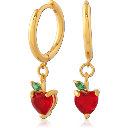 GOLD PVD COATED SURGICAL STEEL HUGGIE EARRINGS WITH RED HEART AND LEAF CHARM