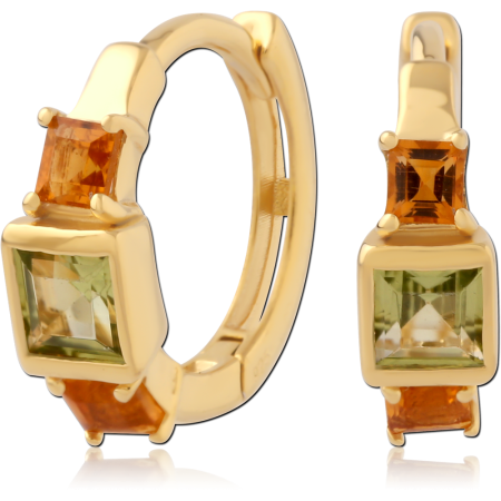 GOLD PLATED STERLING SILVER 925 HUGGIES THREE STONE BEZEL GREEN CENTER ORANGE SIDES