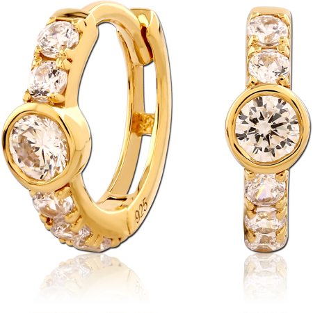 GOLD PLATED STERLING SILVER 925 HINGED HUGGIES BEZEL ROUND CENTER GEM SIDE GEMS PAIR