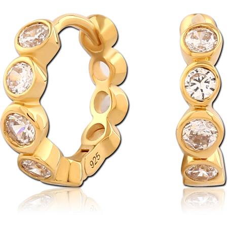 GOLD PLATED STERLING SILVER 925 HINGED HUGGIES BEZEL BUBBLE ROW ROUND GEMS PAIR