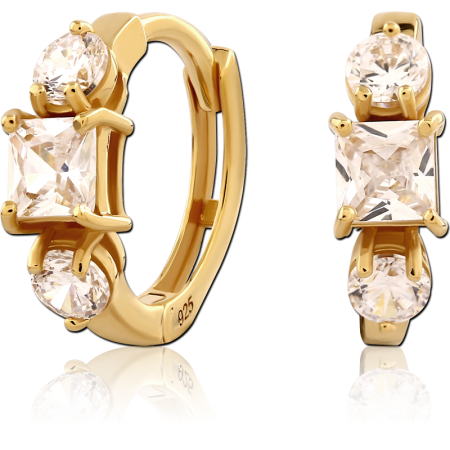 GOLD PLATED STERLING SILVER 925 HINGED HUGGIES PRINCESS SQUARE CENTER GEM ROUND GEMS PAIR
