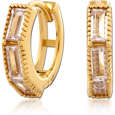 GOLD PLATED STERLING SILVER 925 HINGED HUGGIES RECTANGULAR BAGUETTE GEMS TEXTURED EDGES PAIR