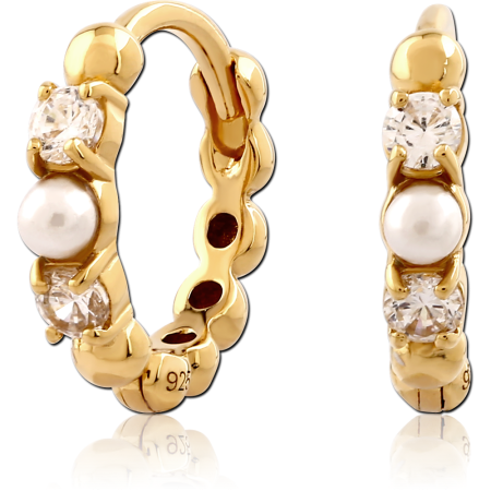 GOLD PLATED STERLING SILVER 925 HUGGIES ALTERNATING GEM AND WHITE BEAD
