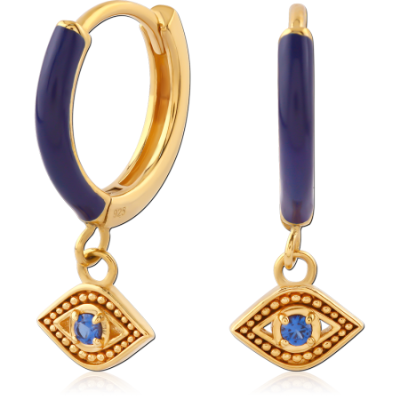 GOLD PLATED STERLING SILVER 925 HUGGIES BLUE ENAMEL WITH EVIL EYE CHARM