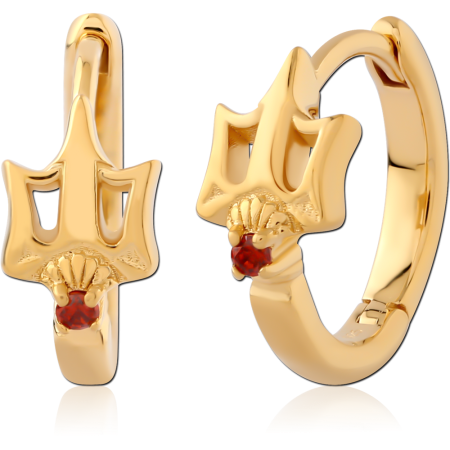 GOLD PLATED STERLING SILVER 925 HUGGIES WITH TRIDENT CHARM AND RED GEM