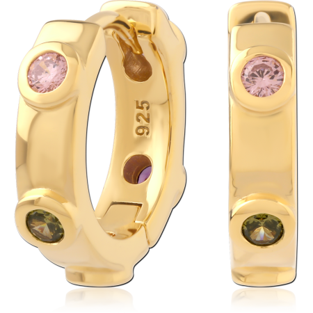 GOLD PLATED STERLING SILVER 925 HUGGIES BEZEL SET MULTI COLOR GEMS