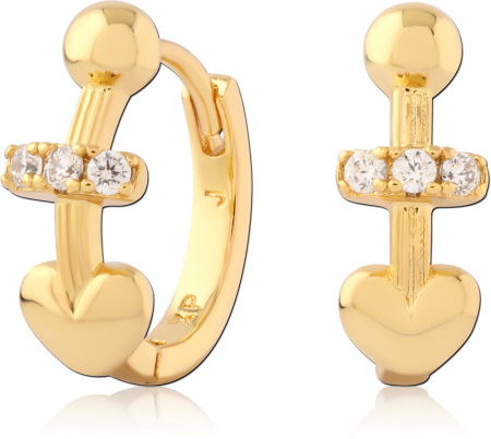 GOLD PLATED STERLING SILVER 925 HUGGIE EARRINGS HEART AND TRIPLE CLEAR GEMS