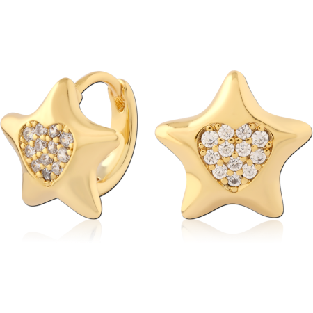 GOLD PLATED STERLING SILVER 925 HUGGIE EARRINGS STAR WITH PAVE HEART GEMS
