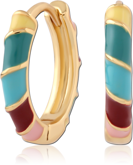 GOLD PLATED STERLING SILVER 925 HUGGIE EARRINGS MULTICOLOR ENAMEL DIAGONAL STRIPES