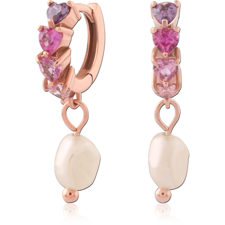316L ROSE GOLD PVD COATED SURGICAL STEEL HUGGIES PAIR JEWELED WITH PEARL CHARMS