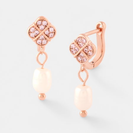 ROSE GOLD PVD COATED SURGICAL STEEL HUGGIE EARRINGS QUATREFOIL GEM WITH PEARL CHARM