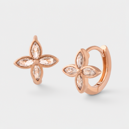ROSE GOLD PVD COATED SURGICAL STEEL HUGGIE EARRINGS MARQUISE FLOWER GEMS