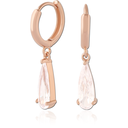 ROSE GOLD PVD COATED SURGICAL STEEL HUGGIE EARRINGS WITH TEARDROP GEM CHARM