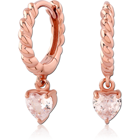ROSE GOLD PLATED STERLING SILVER 925 HUGGIES TWISTED HOOP WITH HEART GEM CHARM