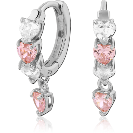 RHODIUM PLATED STERLING SILVER 925 HUGGIES PINK HEART GEMS WITH HEART DANGLE CHARM