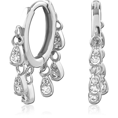 RHODIUM PLATED STERLING SILVER 925 HUGGIES CLEAR GEMS WITH TEARDROP DANGLE CHARMS