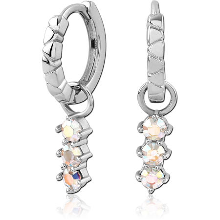 STERLING SILVER 925 HUGGIE EARRINGS TEXTURED BAND WITH IRIDESCENT GEM DANGLE CHARM PAIR