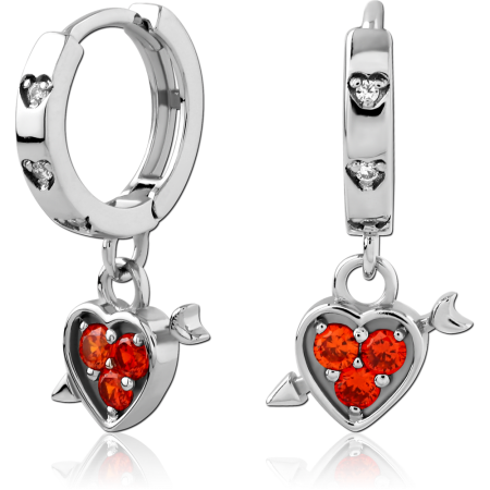 STERLING SILVER 925 HUGGIE EARRINGS RED HEART GEM WITH ARROW DANGLE CHARM