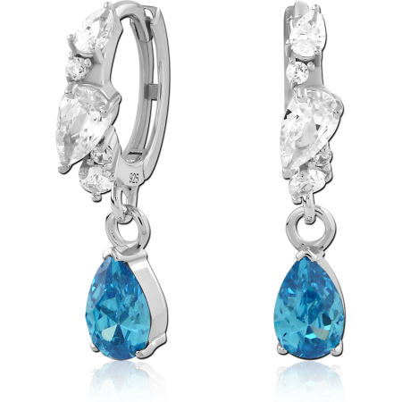 STERLING SILVER 925 HUGGIE EARRINGS BLUE TEARDROP GEM WITH CLUSTERED CLEAR GEMS