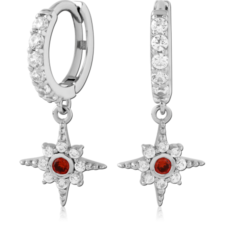 STERLING SILVER 925 HUGGIE EARRINGS STARBURST DANGLE WITH RED CENTER GEM