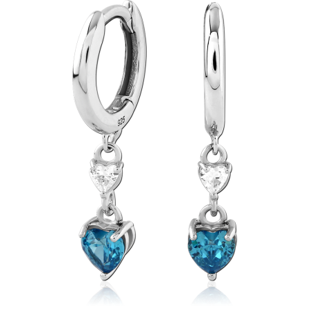 STERLING SILVER 925 HUGGIE EARRINGS BLUE HEART GEM WITH CLEAR HEART ACCENT