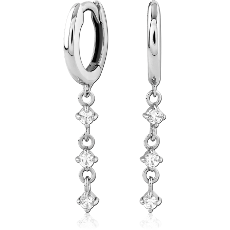 STERLING SILVER 925 HUGGIE EARRINGS FIVE STONE LINEAR DANGLE WITH CLEAR GEMS