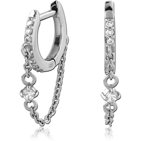 STERLING SILVER 925 HUGGIE EARRINGS CHAIN DANGLE WITH CLEAR BEZEL GEMS