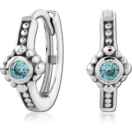 STERLING SILVER 925 HUGGIE EARRINGS BEADED DESIGN WITH BLUE CENTER GEM