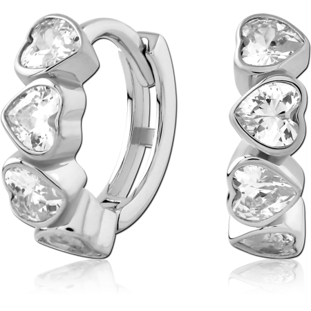 STERLING SILVER 925 HUGGIE EARRINGS TRIPLE HEART BEZEL WITH CLEAR GEMS